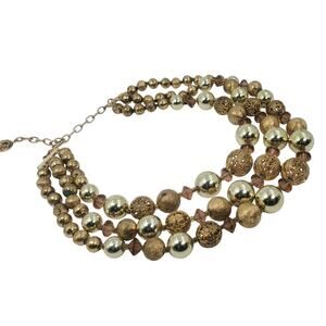 Vtg Triple Strand Filigree Goldtone and Bronzetone Beaded Choker Necklace 1950s